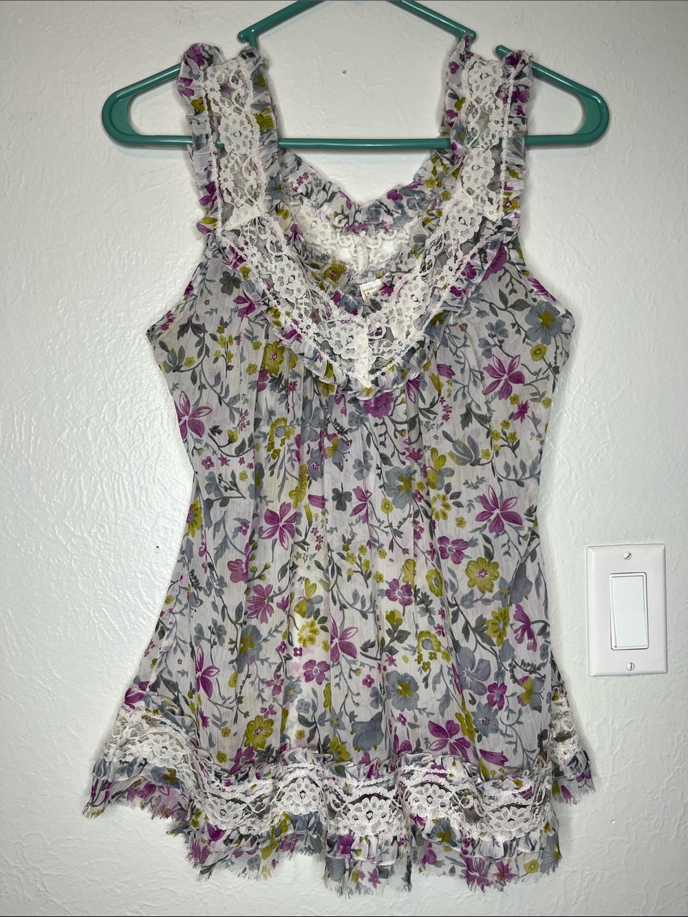 Vintage Y2K Passport Lace-Trimmed Sheer Floral Top - Size M Fairycore Coquette